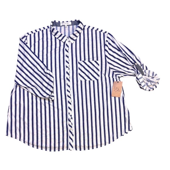 Eden & Olivia Tops - Eden &‎ Olivia Women's 3X Blue & White Striped Roll Tab Sleeve Shirt Top